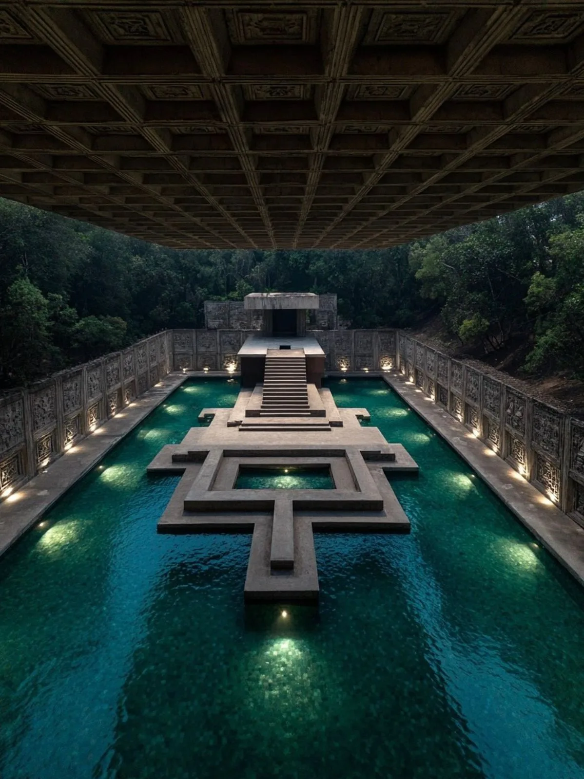 Patio de acuñado sobre el agua, iluminado de noche
