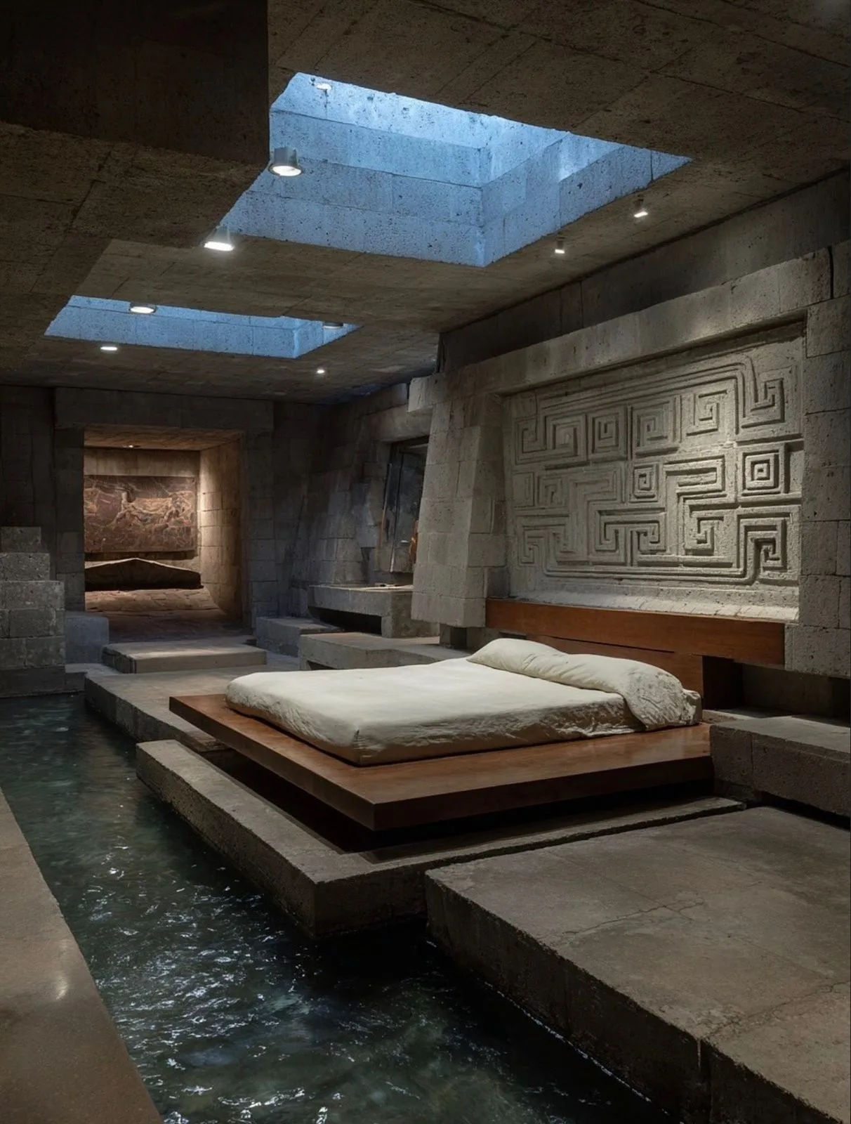 Cuarto de huéspedes de piedra con canal de agua