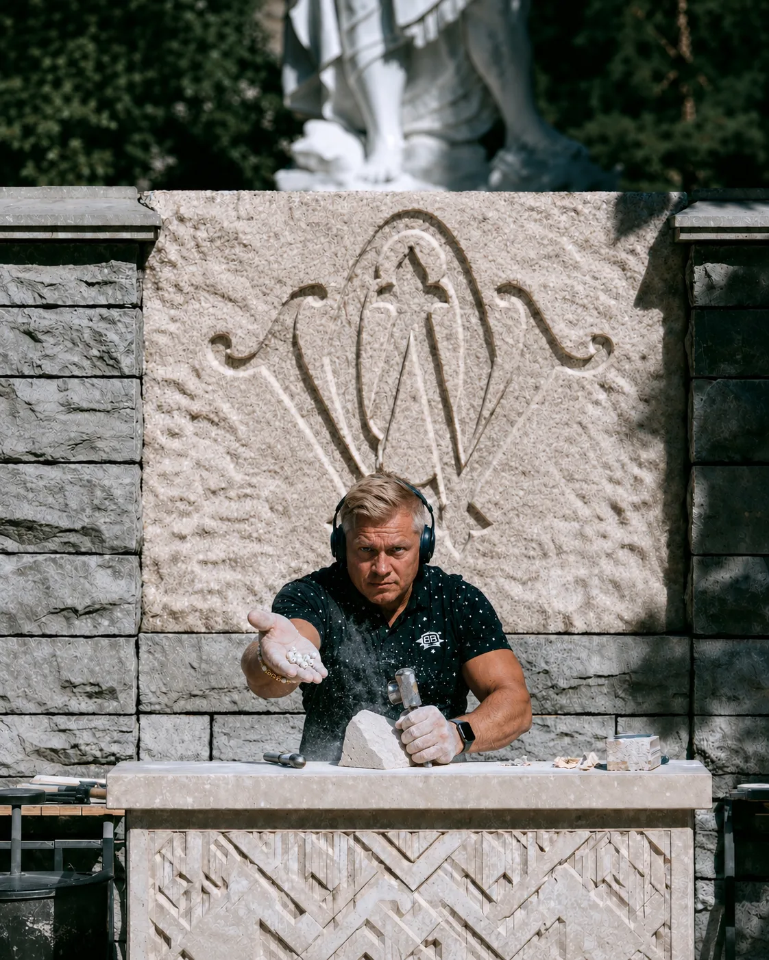Artesano tallando piedra frente al monograma OW